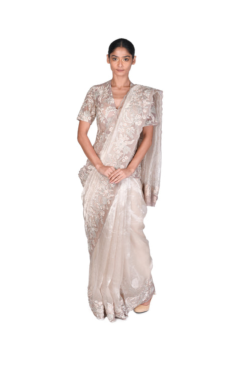Silver Tissue Saree With EMB Blouse Piece And EMB Peplum Jacket